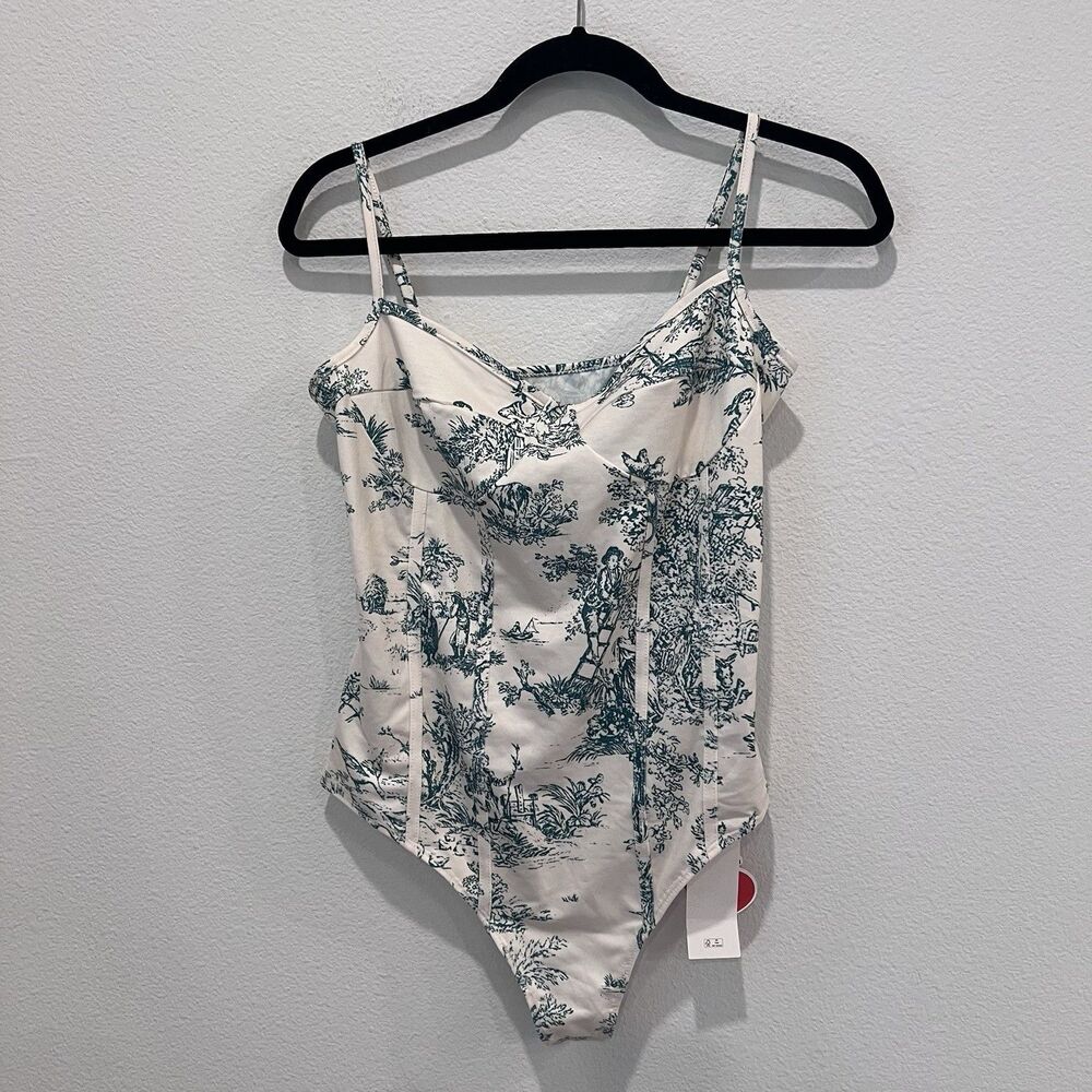 NEW Cider Green & Cream Toile de Jouy Tank Bodysuit Medium Coquette Clean Girl